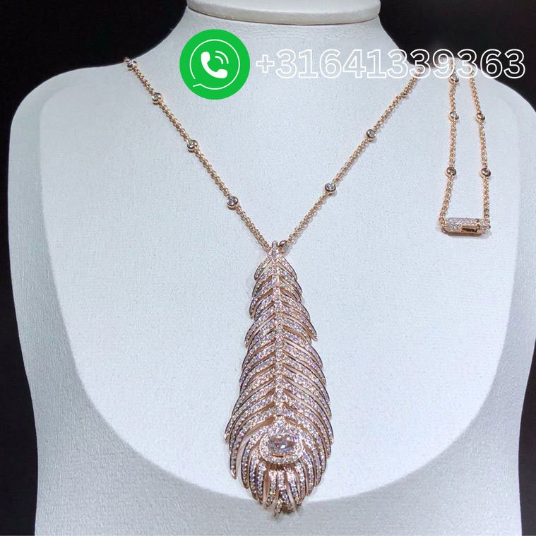 Boucheron Plume de Paon 18k Rose Gold Pave Diamond Feather Pendant Neckloace JPN00549 - Image 5