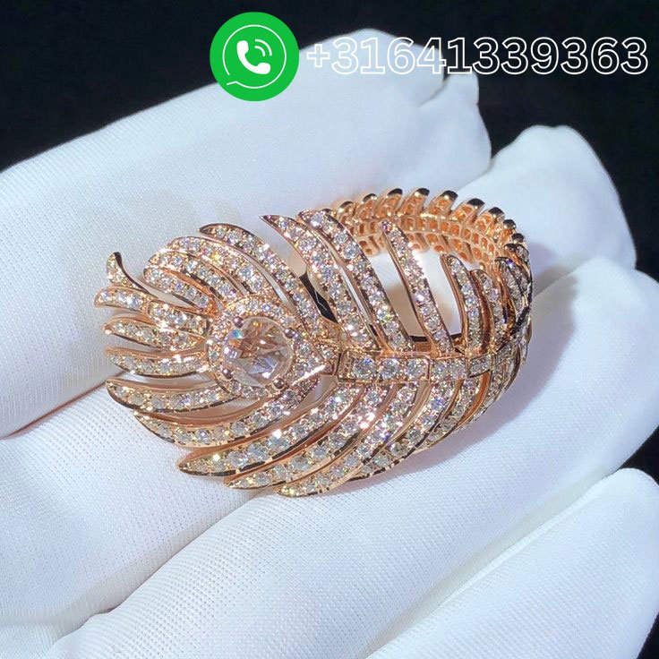 Boucheron Plume de Paon 18k Rose Gold Pave Diamond Feather Large Ring JRG02807 - Image 5