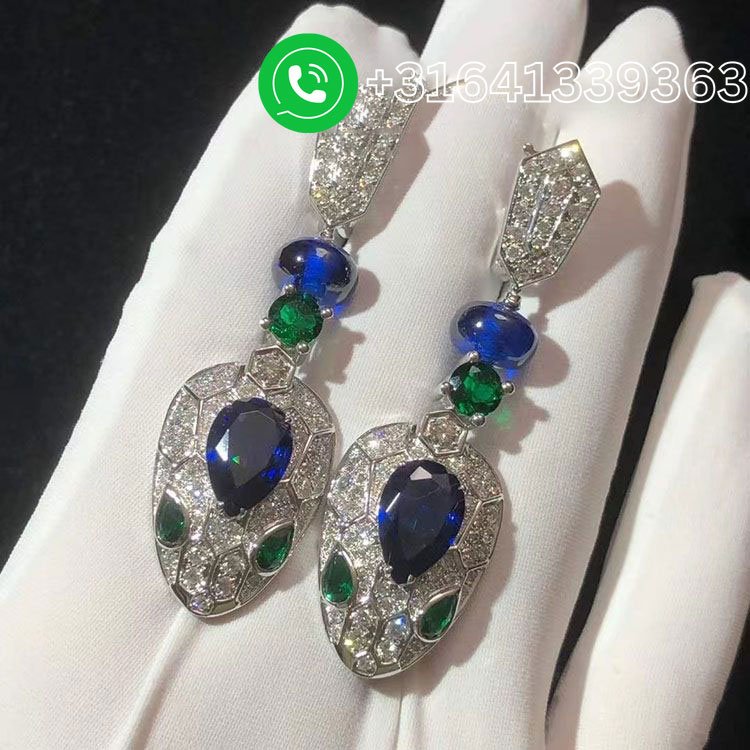 Bulgari Serpenti 18K White Gold Blue Sapphires, Emeralds and Pave Diamonds Drop Earrings - Image 2