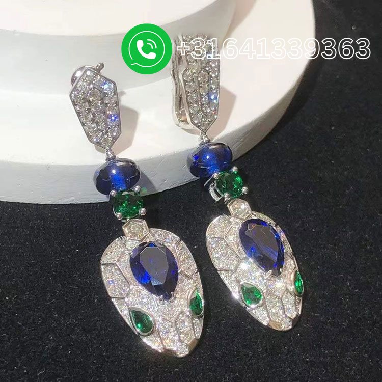 Bulgari Serpenti 18K White Gold Blue Sapphires, Emeralds and Pave Diamonds Drop Earrings - Image 4