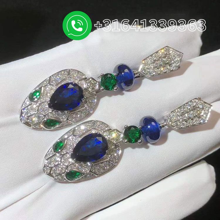 Bulgari Serpenti 18K White Gold Blue Sapphires, Emeralds and Pave Diamonds Drop Earrings - Image 5