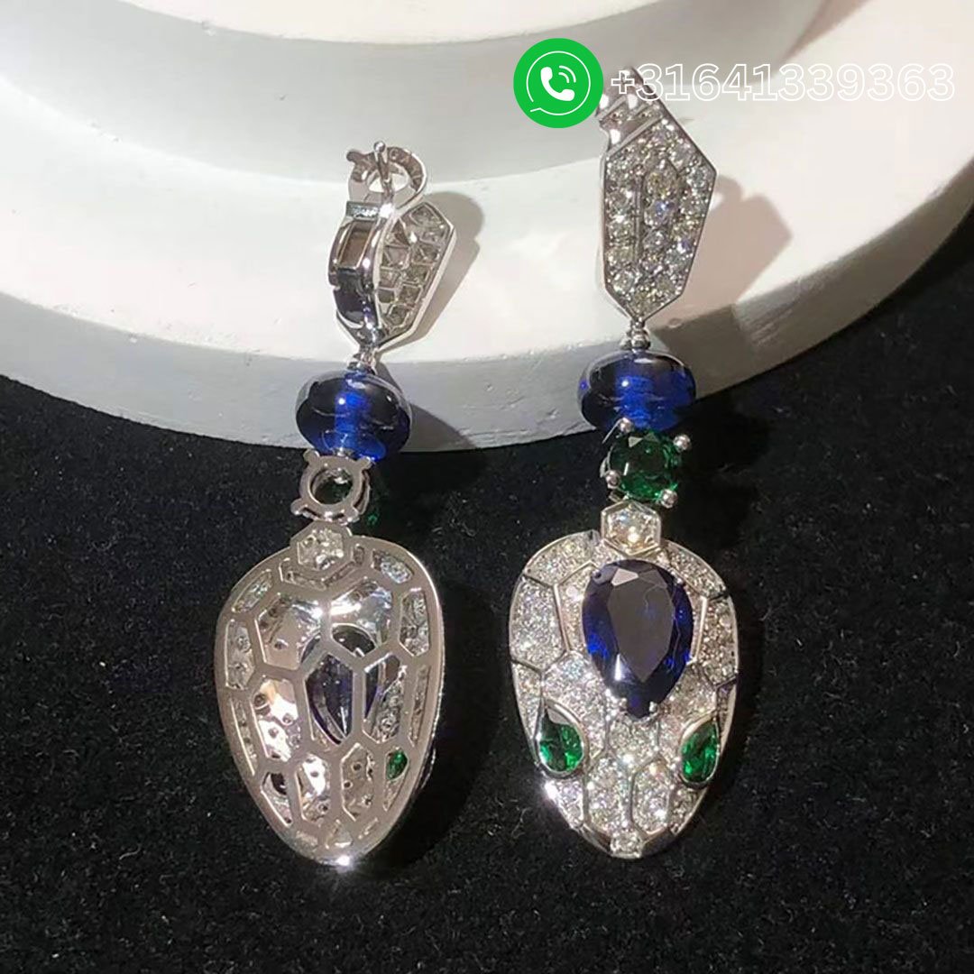 Bulgari Serpenti 18K White Gold Blue Sapphires, Emeralds and Pave Diamonds Drop Earrings - Image 6