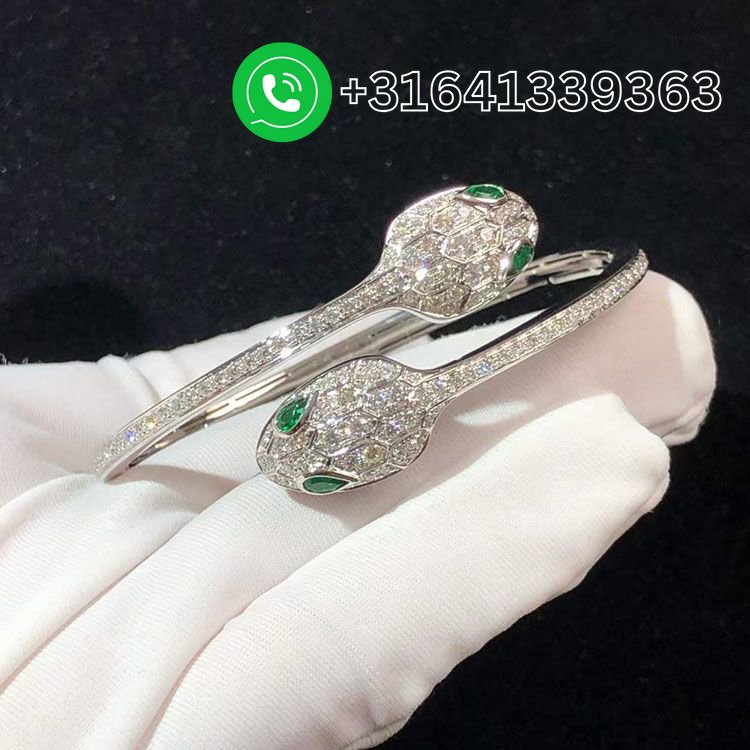 Bulgari Serpenti 18 kt white gold set with emerald eyes and pavé diamonds bracelet 356522 - Image 6