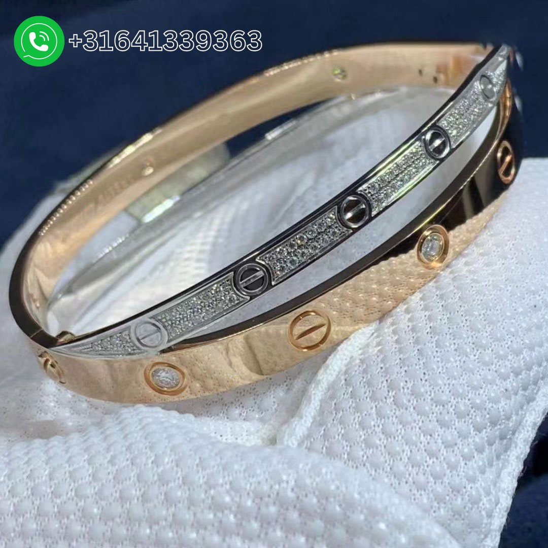 Cartier-18K-Pink-White-Gold-Pave-Diamonds-Double-Love-Bangle-Bracelet-N6039217-3