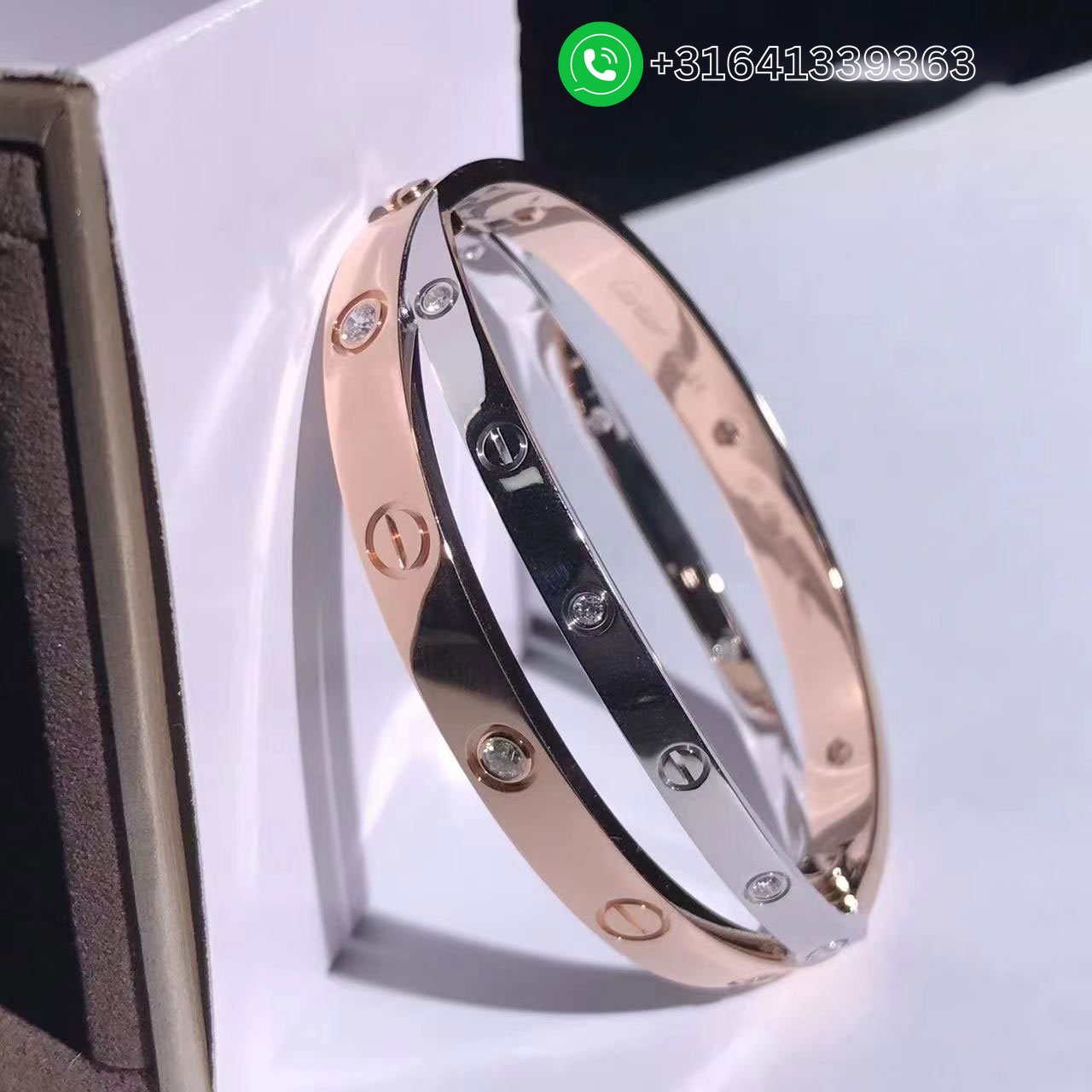 Cartier-18k-Rose-White-Gold-12-Diamond-Double-Love-Bracelet-N6039117-3