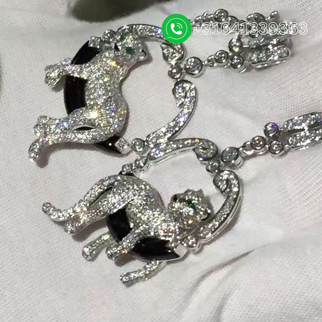 Cartier 18k White Gold 6.05ct Diamond, Emerald & Onyx Panthère de Cartier Earrings HP800756 - Image 3