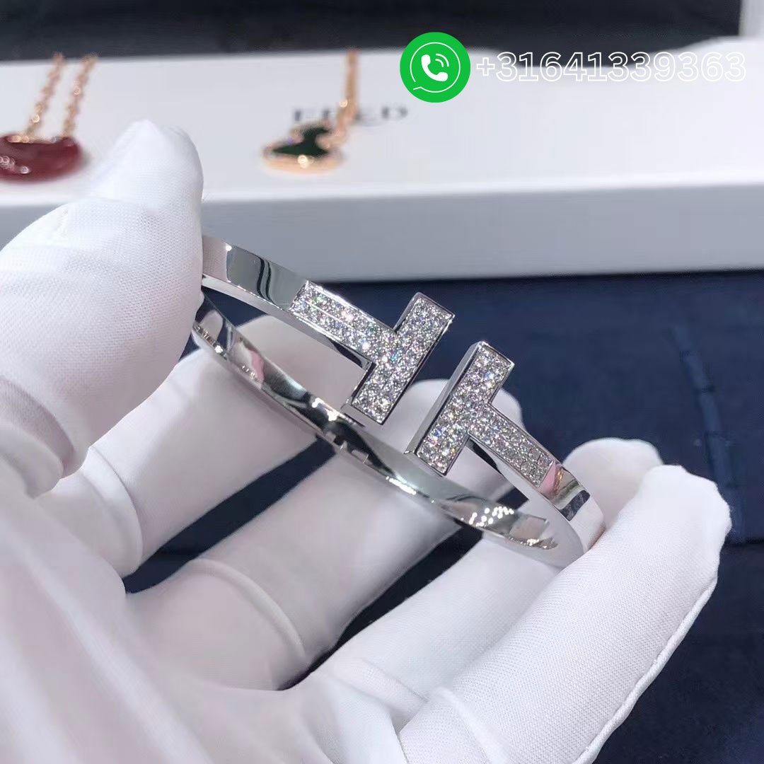 Tiffany 18k White Gold Pave Diamonds T Square Bracelet - Image 3