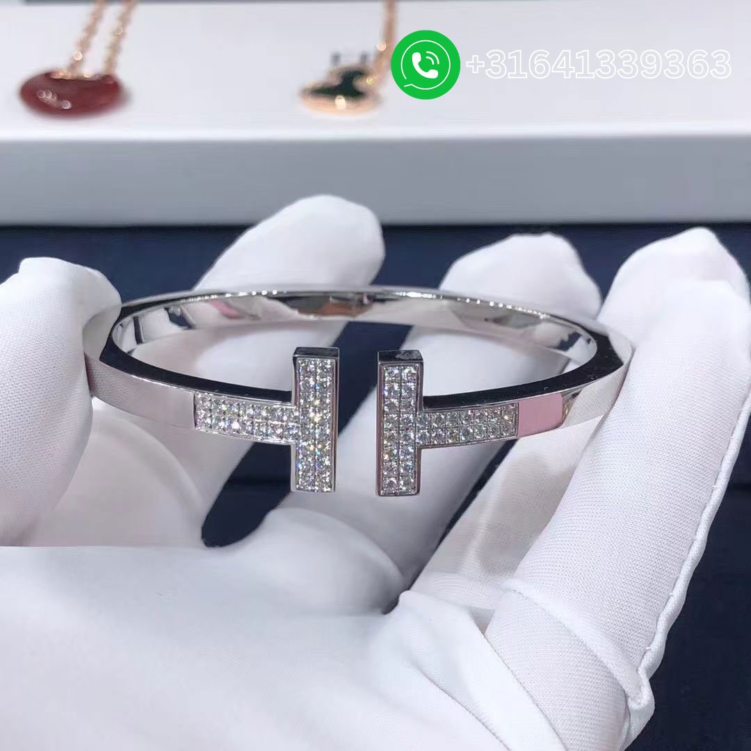 Tiffany 18k White Gold Pave Diamonds T Square Bracelet - Image 4