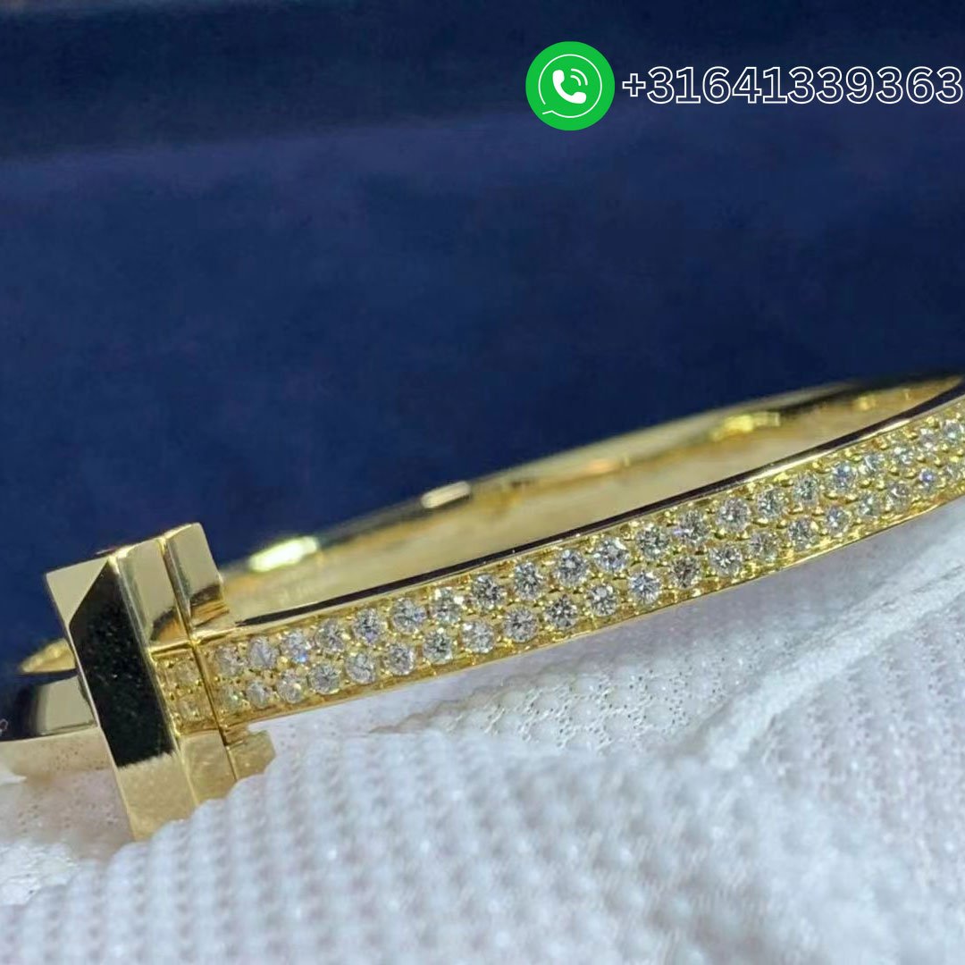 Tiffany & Co. T T1 Wide Diamond Hinged 18 Karat Yellow Gold Size Large Bangle Bracelet - Image 4