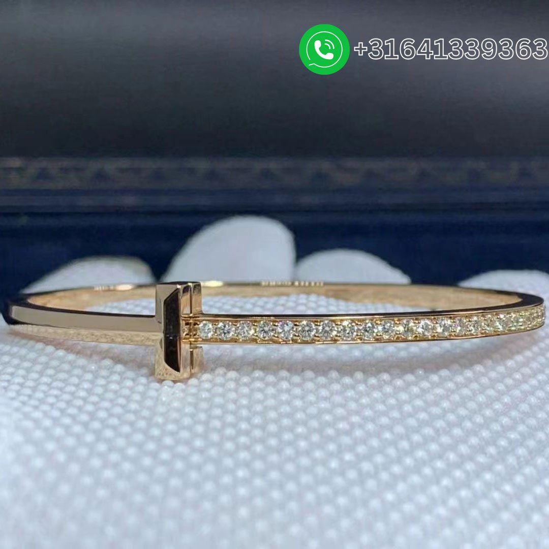 Tiffany & Co. T T1 Hinged Rose Gold with Diamonds Narrow Bangle Bracelet - Image 3