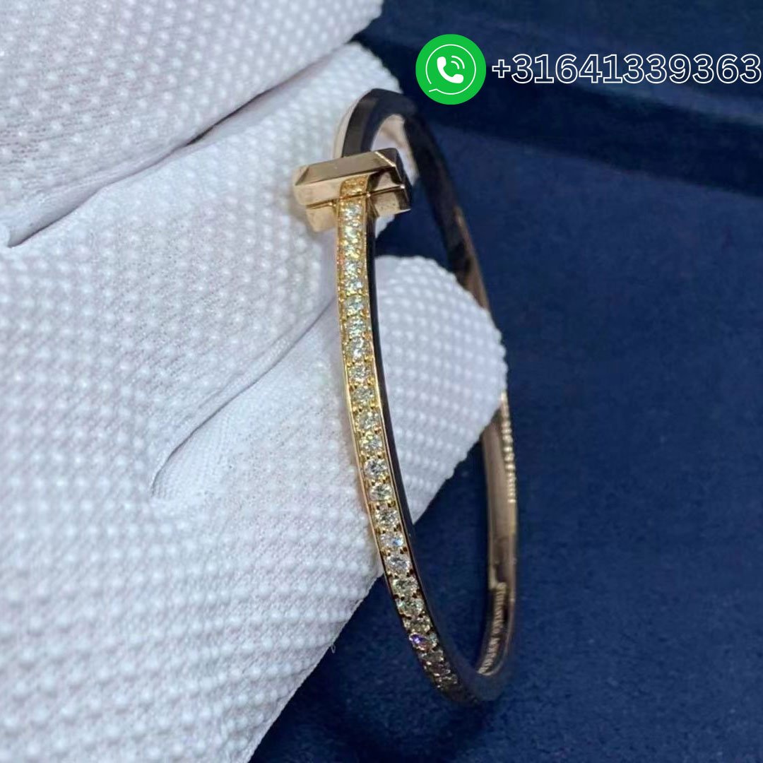 Tiffany & Co. T T1 Hinged Rose Gold with Diamonds Narrow Bangle Bracelet - Image 2