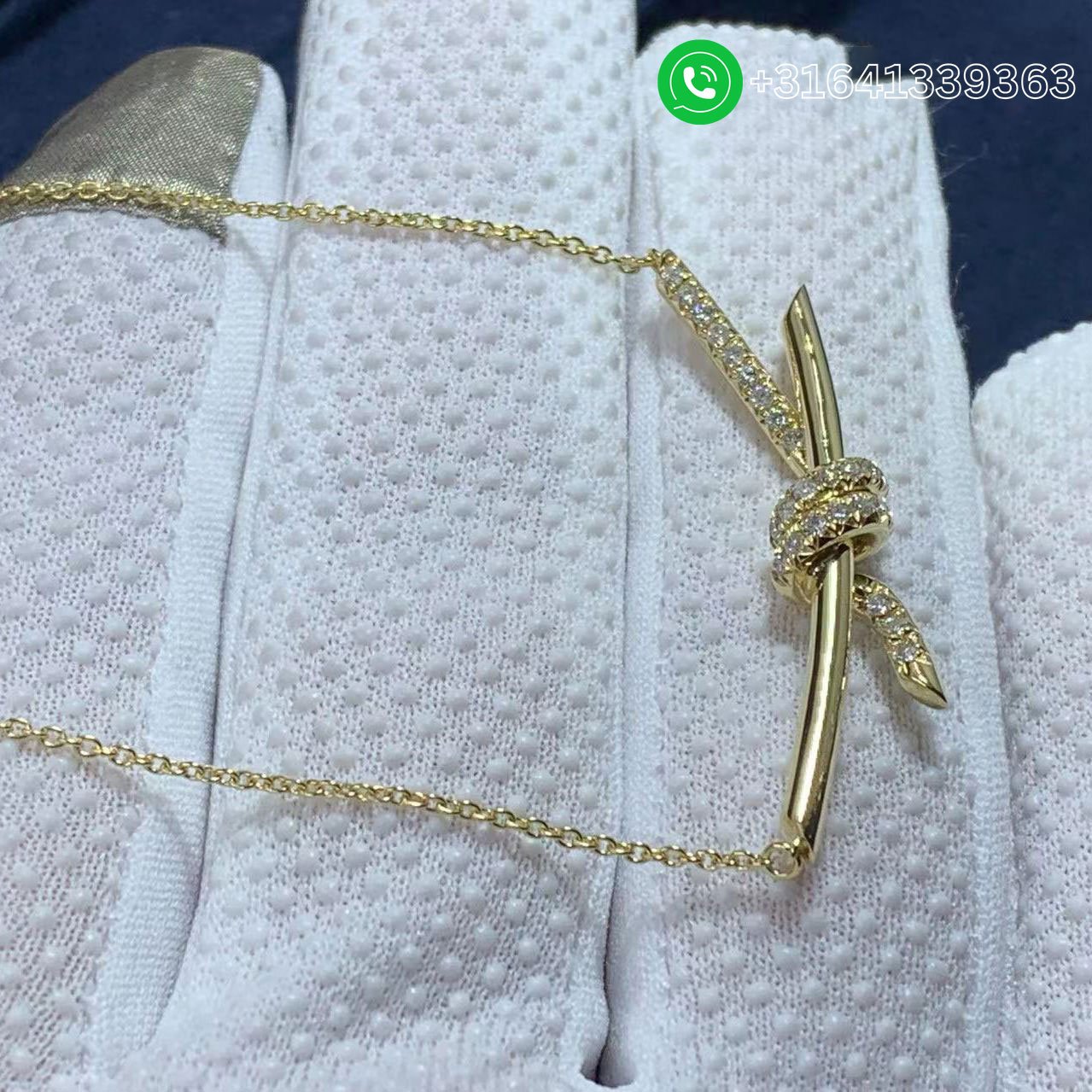 Tiffany 18k Yellow Gold Diamond Knot Pendant Necklace - Image 6