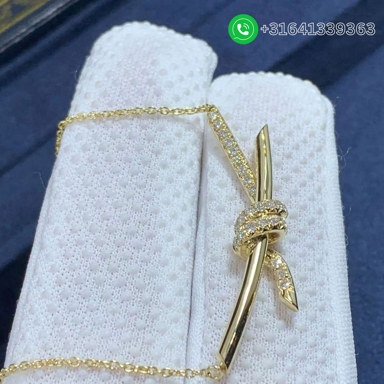 Tiffany 18k Yellow Gold Diamond Knot Pendant Necklace - Image 3