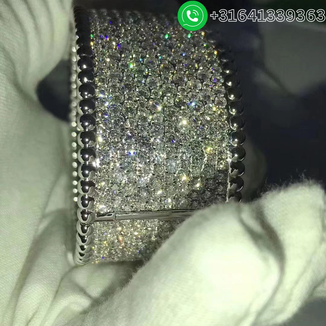 Van Cleef & Arpels 18k White Gold Full Pave Diamonds Wide Perlee Bracelet - Image 3