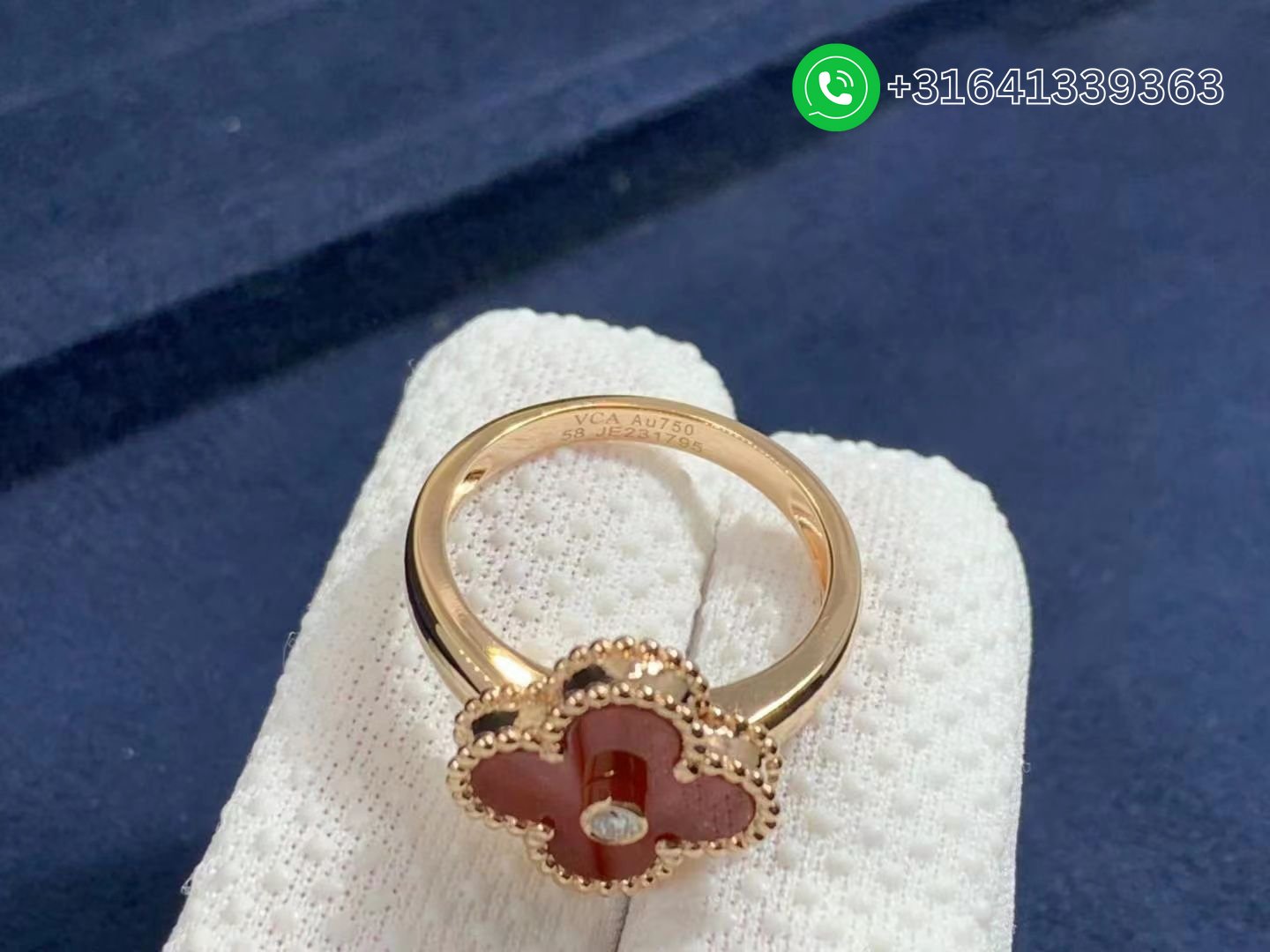 Van Cleef & Arpels 18K Rose Gold Carnelian & Diamond Vintage Alhambra Ring - Image 2