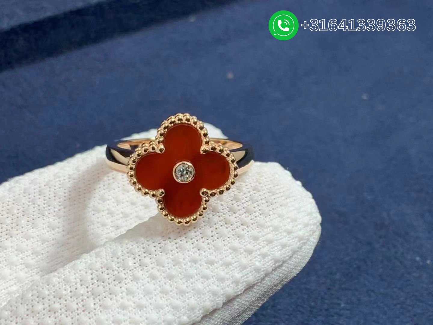 Van Cleef & Arpels 18K Rose Gold Carnelian & Diamond Vintage Alhambra Ring - Image 3