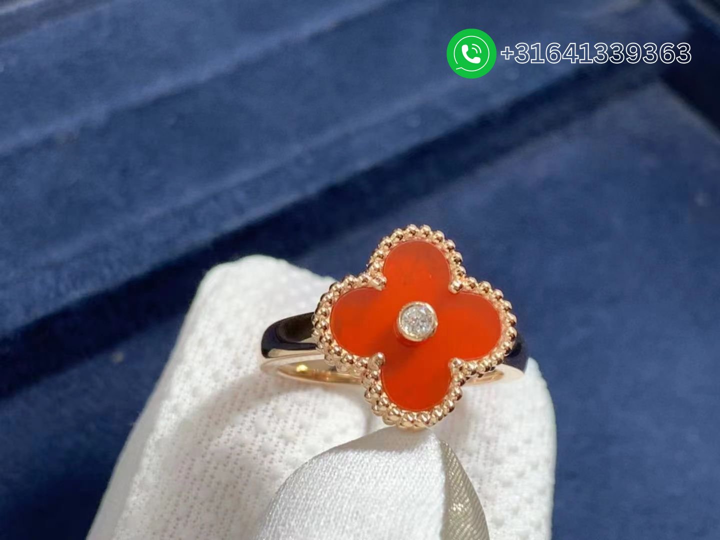Van Cleef & Arpels 18K Rose Gold Carnelian & Diamond Vintage Alhambra Ring - Image 5