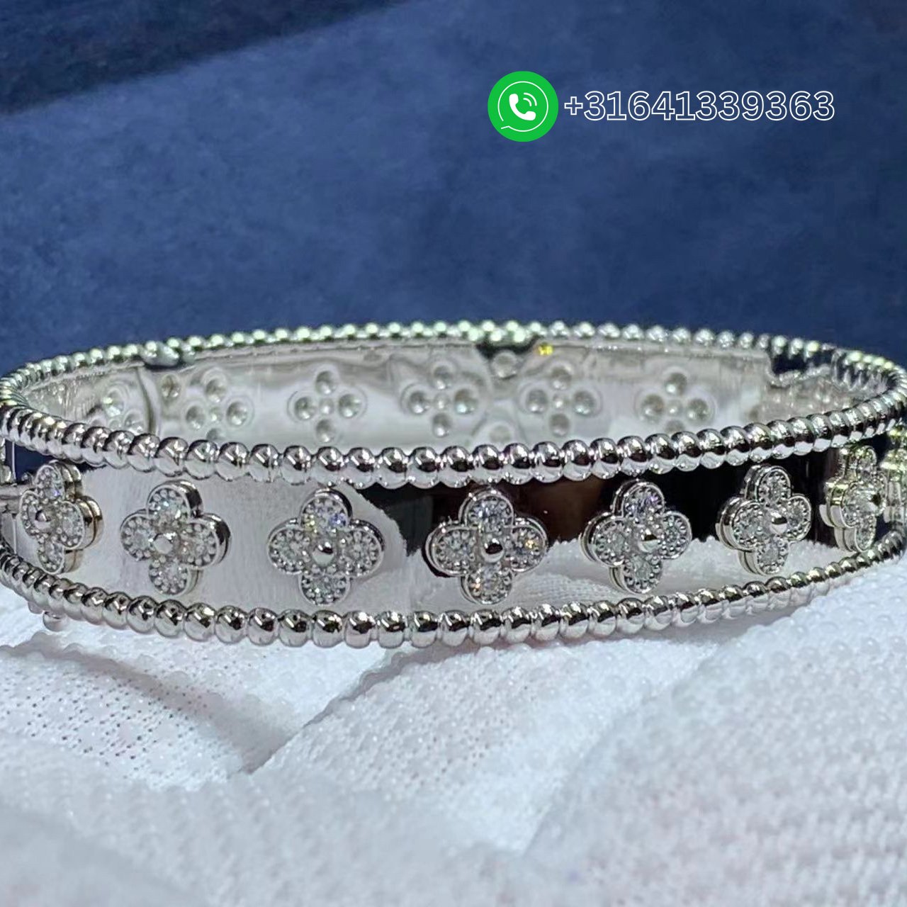 Van Cleef & Arpels 18k White Gold Diamond Perlée Clovers Bracelet VCARN5B100 - Image 4