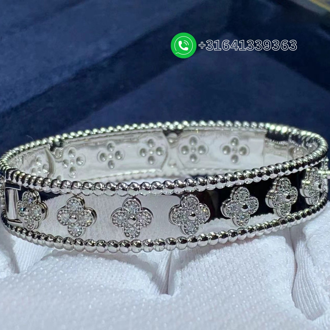 Van Cleef & Arpels 18k White Gold Diamond Perlée Clovers Bracelet VCARN5B100 - Image 3