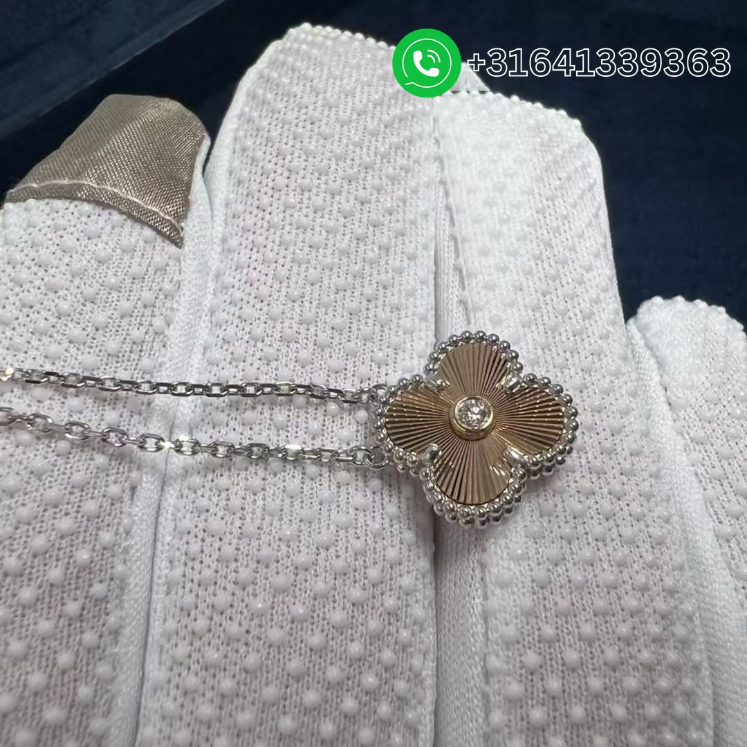 Van Cleef & Arpels 2024 Two-Tone Guilloche Vintage Alhambra Diamond Holiday Pendant Necklace - Image 3