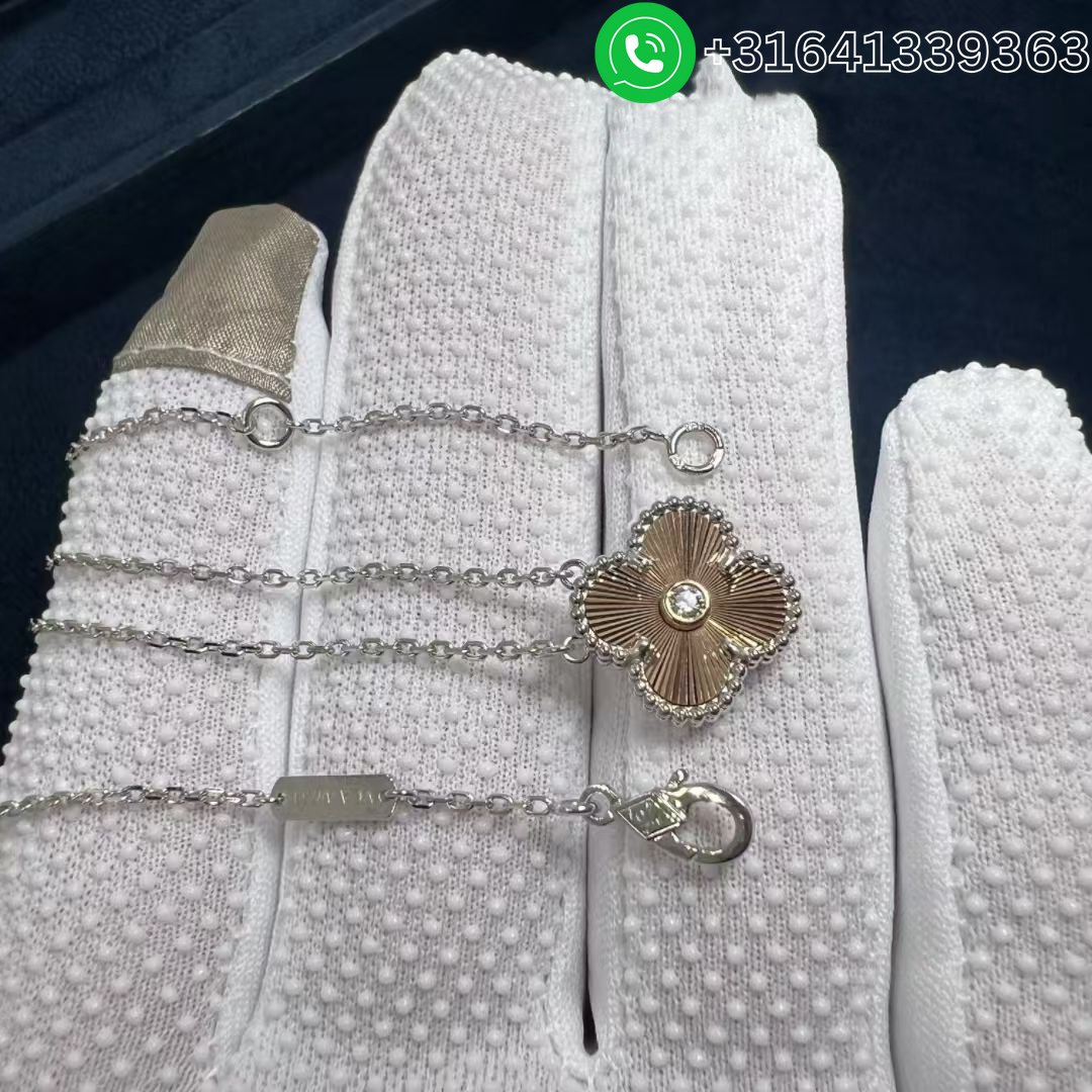 Van Cleef & Arpels 2024 Two-Tone Guilloche Vintage Alhambra Diamond Holiday Pendant Necklace - Image 4