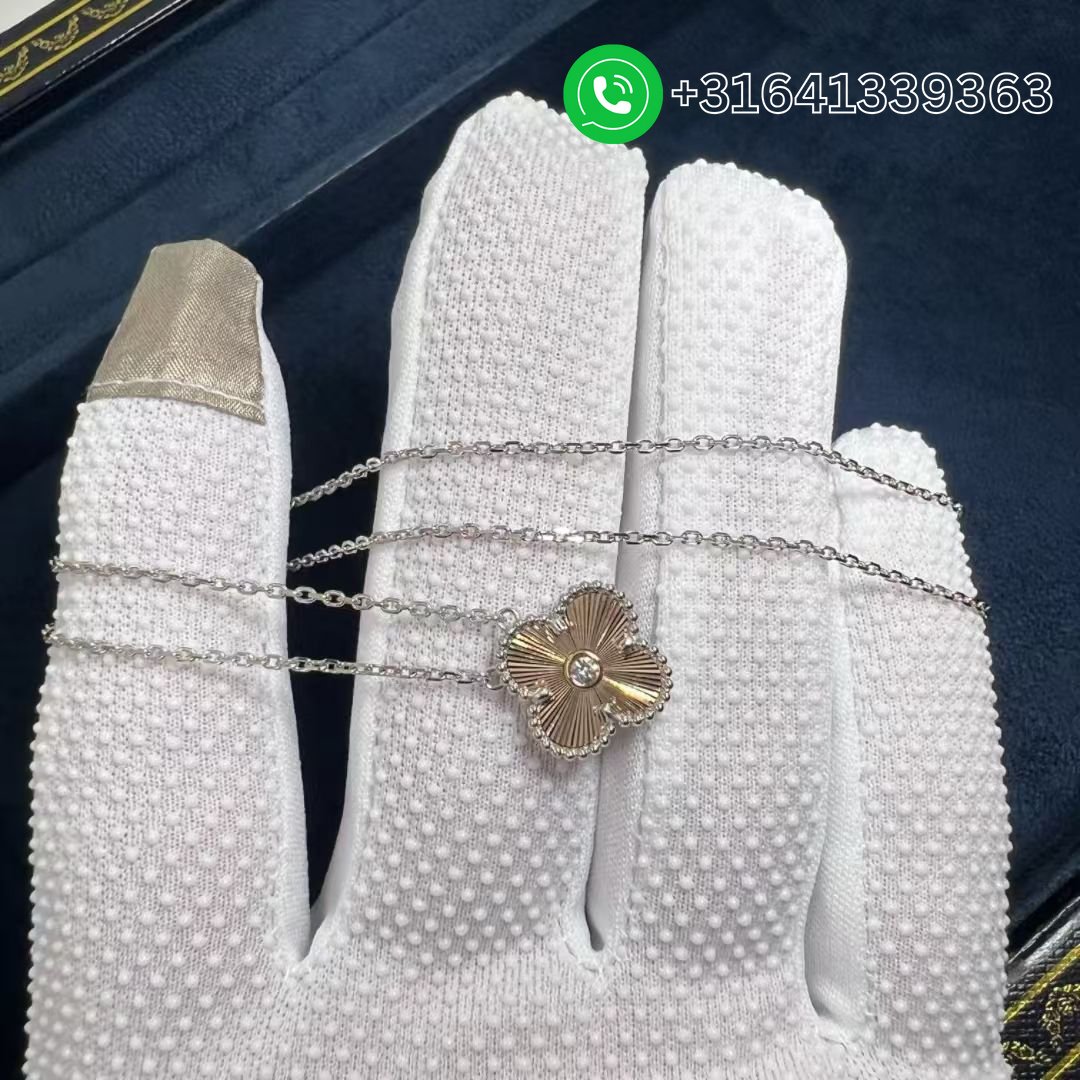 Van Cleef & Arpels 2024 Two-Tone Guilloche Vintage Alhambra Diamond Holiday Pendant Necklace - Image 5