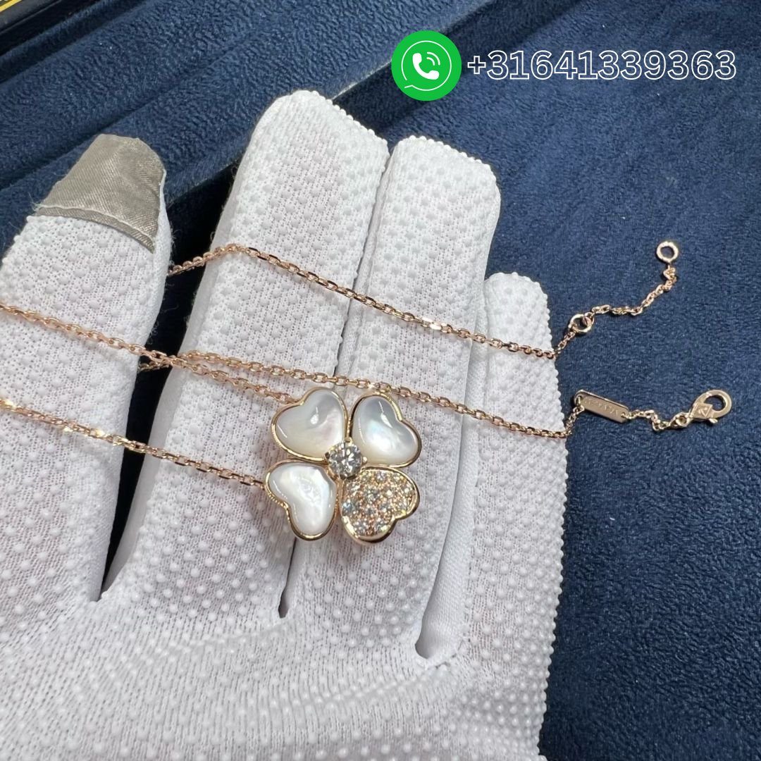 Van Cleef & Arpels Cosmos 18K Rose Gold Diamond Mother of Pearl Medium Model Clip Pendant Necklace VCARO5BV00 - Image 5