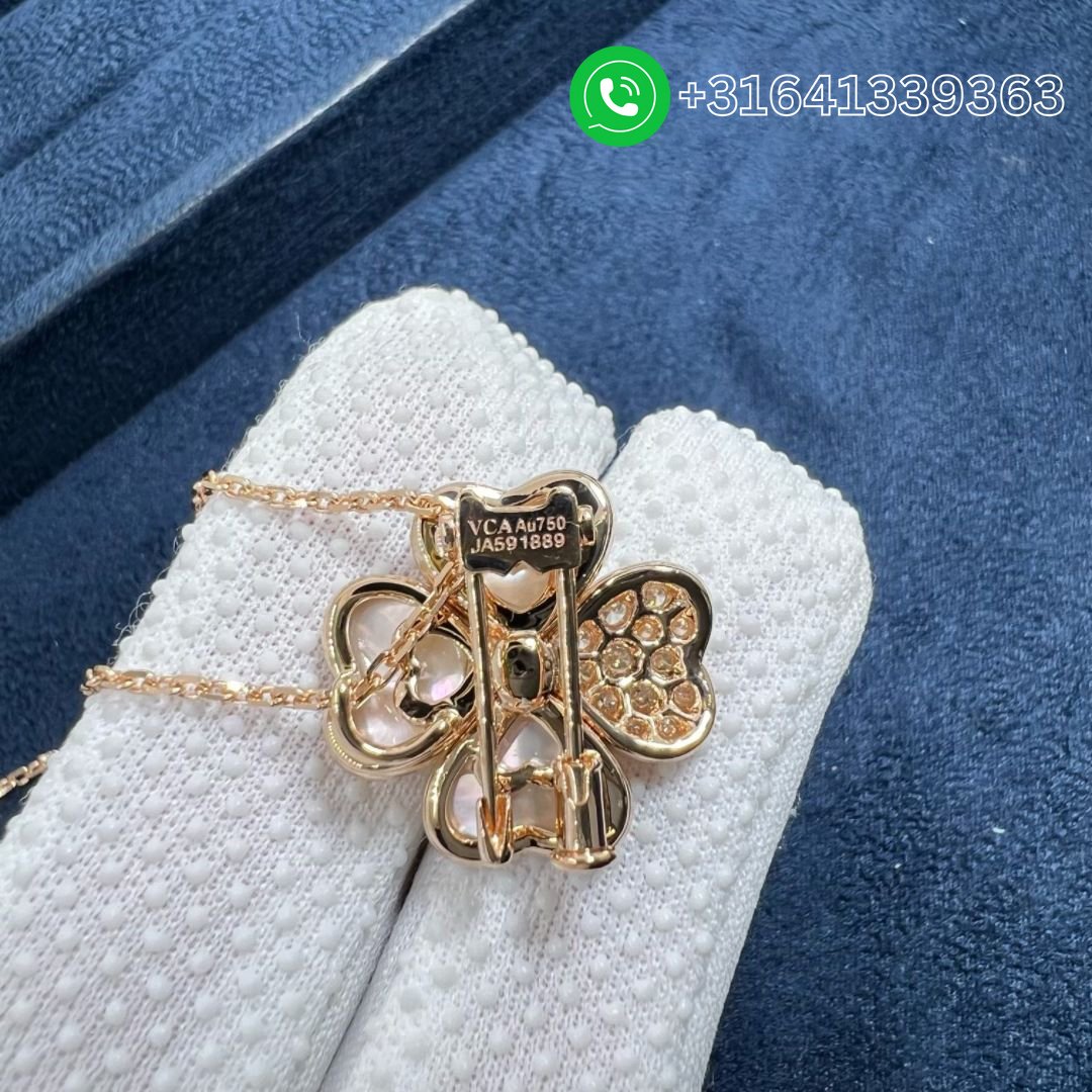 Van Cleef & Arpels Cosmos 18K Rose Gold Diamond Mother of Pearl Medium Model Clip Pendant Necklace VCARO5BV00 - Image 7