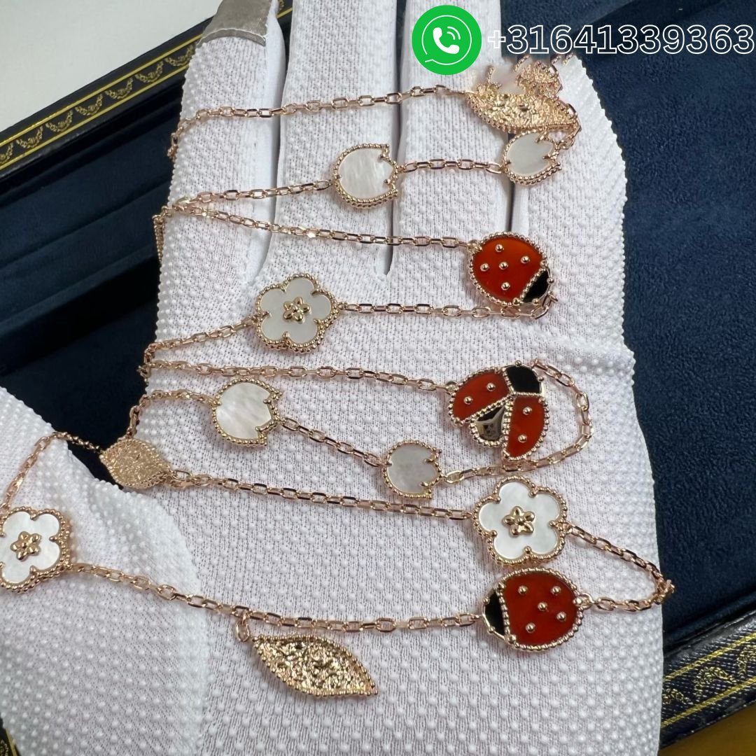 Van-Cleef-Arpels-Lucky-Spring-18k-Rose-Gold-15-Motifs-Carnelian-Mother-of-Pearl-Onyx-Long-Necklace-VCARP7RR00